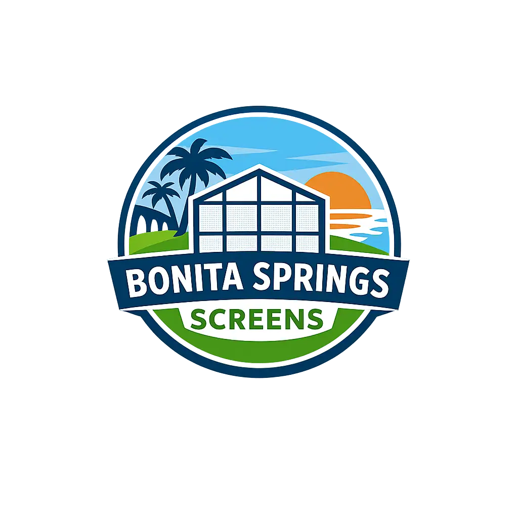 Bonita Springs Screens logo with sun, palms, and screen enclosure in Bonita Springs, FL
